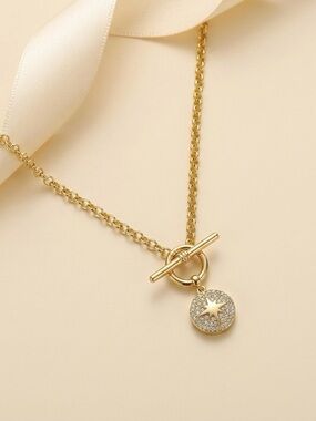 Water Resistant Zircon T-Bar Toggle Necklace | 14K Gold Plated